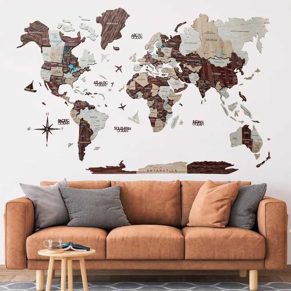 35" X 59" Brown and Beige Wood World Map Hanging Dimensional Sculpture - NOBLE HOME INTERIORS