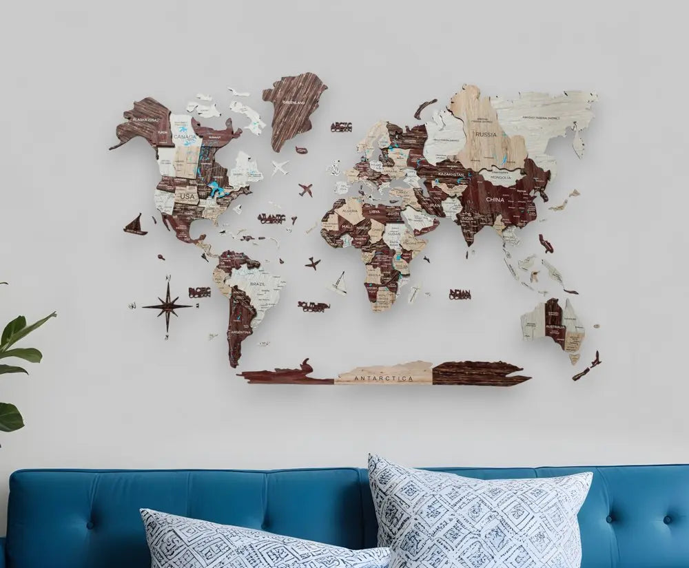 35" X 59" Brown and Beige Wood World Map Hanging Dimensional Sculpture - NOBLE HOME INTERIORS