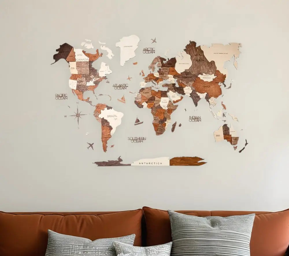 35" X 59" Brown and Beige Wood World Map Hanging Dimensional Sculpture - NOBLE HOME INTERIORS