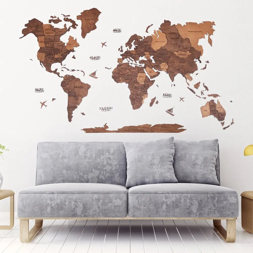 35" X 59" Brown and Tan Wood World Map Hanging Dimensional Sculpture - NOBLE HOME INTERIORS