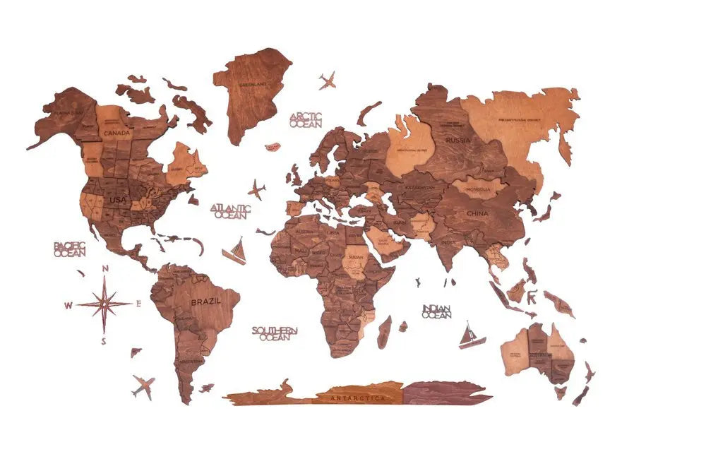 35" X 59" Brown and Tan Wood World Map Hanging Dimensional Sculpture - NOBLE HOME INTERIORS