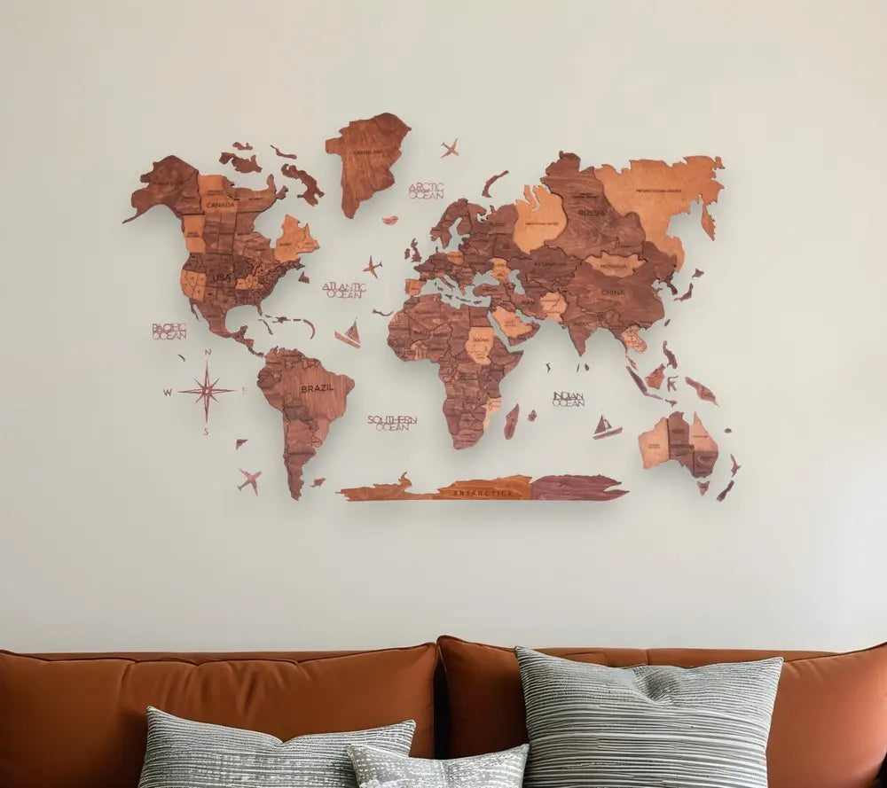 35" X 59" Brown and Tan Wood World Map Hanging Dimensional Sculpture - NOBLE HOME INTERIORS