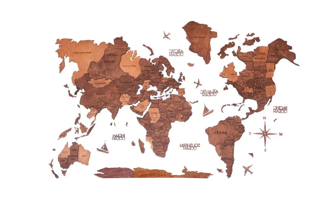 35" X 59" Brown and Tan Wood World Map Hanging Dimensional Sculpture - NOBLE HOME INTERIORS