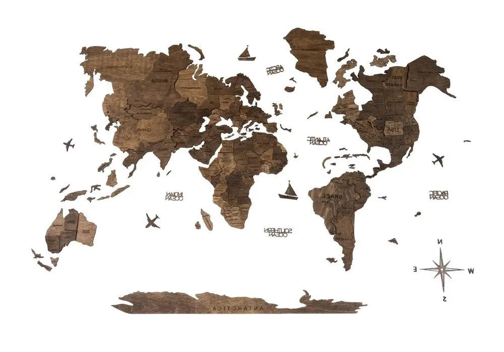 35" X 59" Dark Brown Wood World Map Hanging Dimensional Sculpture - NOBLE HOME INTERIORS