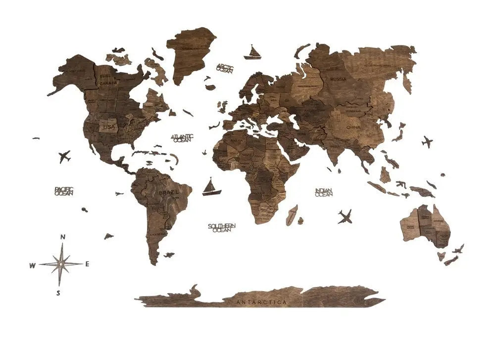 35" X 59" Dark Brown Wood World Map Hanging Dimensional Sculpture - NOBLE HOME INTERIORS