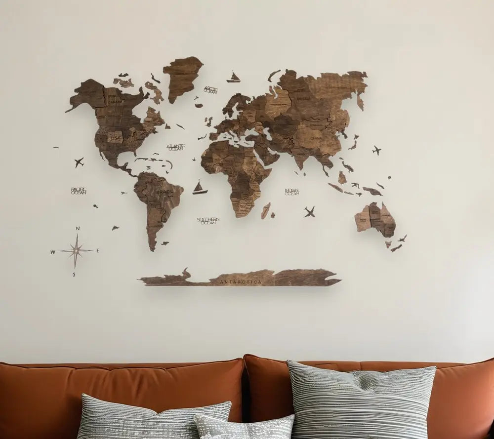 35" X 59" Dark Brown Wood World Map Hanging Dimensional Sculpture - NOBLE HOME INTERIORS