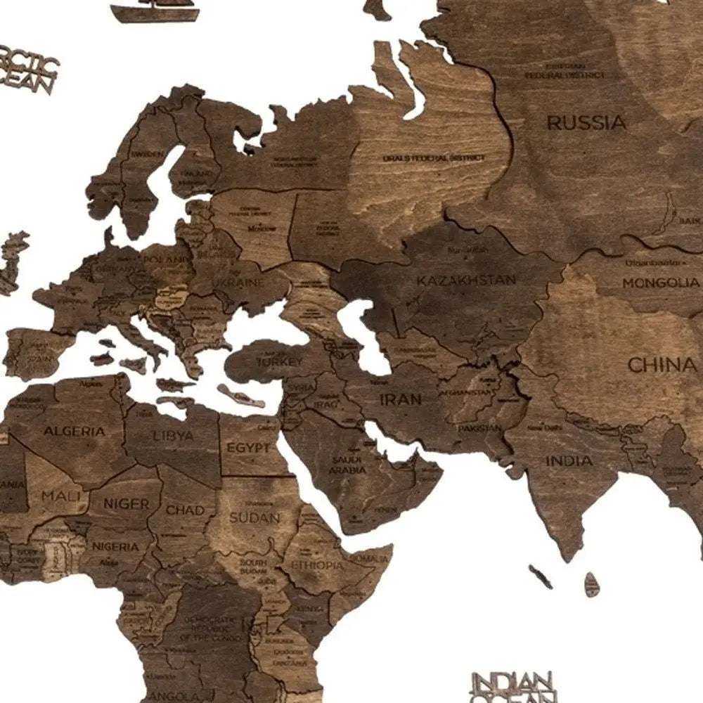 35" X 59" Dark Brown Wood World Map Hanging Dimensional Sculpture - NOBLE HOME INTERIORS