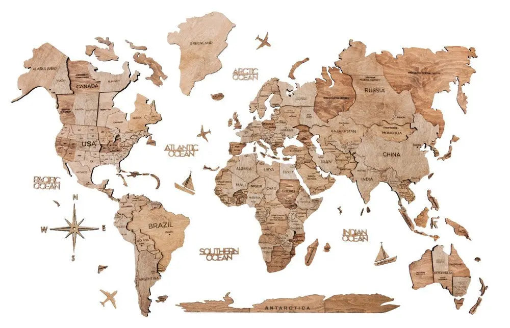 35" X 59" Wood Brown Wood World Map Hanging Dimensional Sculpture - NOBLE HOME INTERIORS