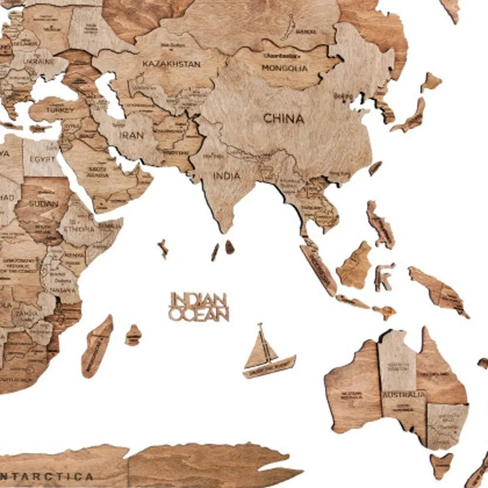 35" X 59" Wood Brown Wood World Map Hanging Dimensional Sculpture - NOBLE HOME INTERIORS