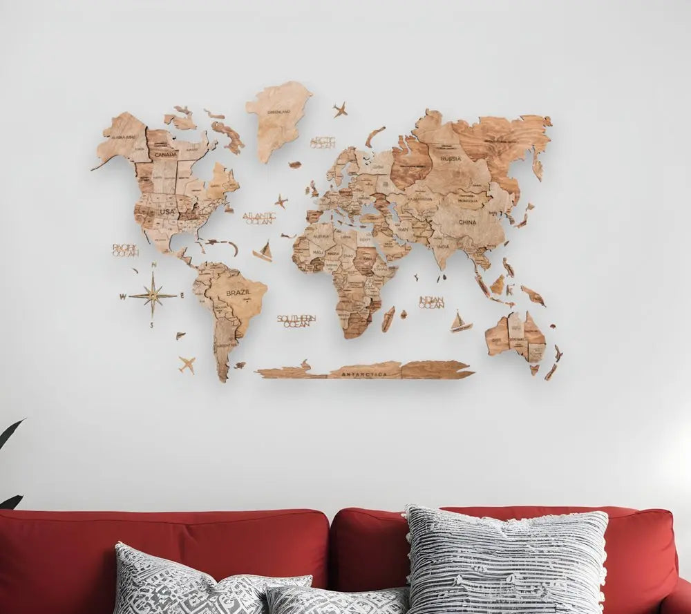 35" X 59" Wood Brown Wood World Map Hanging Dimensional Sculpture - NOBLE HOME INTERIORS