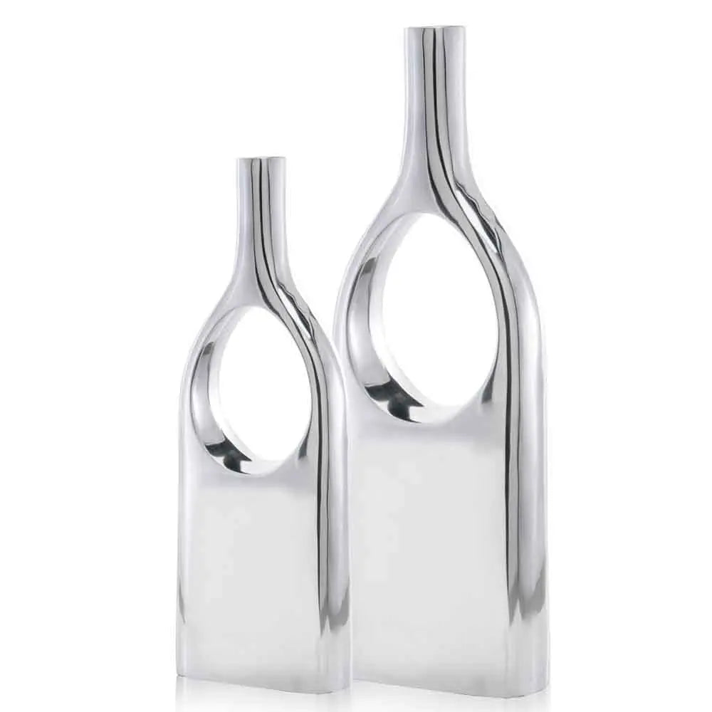 Set of Two Silver Aluminum Modern Hole Table Vases HomeRoots