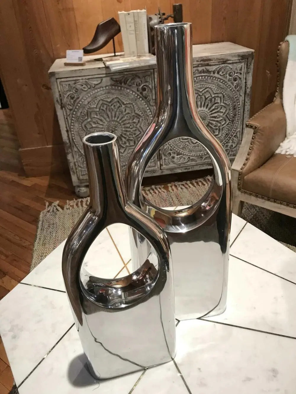 Set of Two Silver Aluminum Modern Hole Table Vases HomeRoots