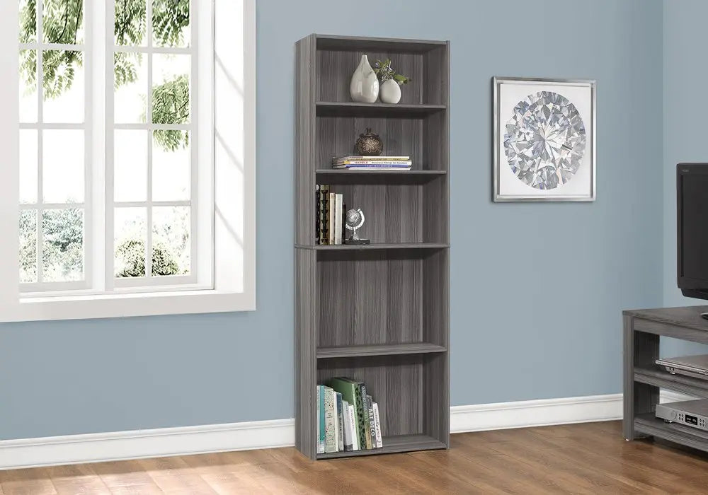 71" Gray Wood Adjustable Five Tier Bookcase HomeRoots