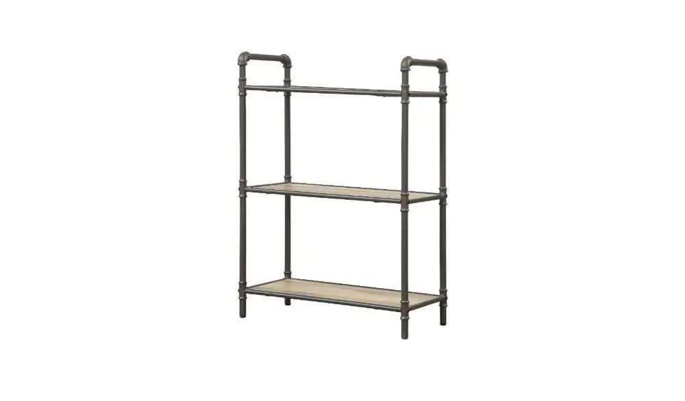 36" Antique Oak and Sandy Gray Metal Three Tier Standard Bookcase - NOBLE HOME INTERIORS