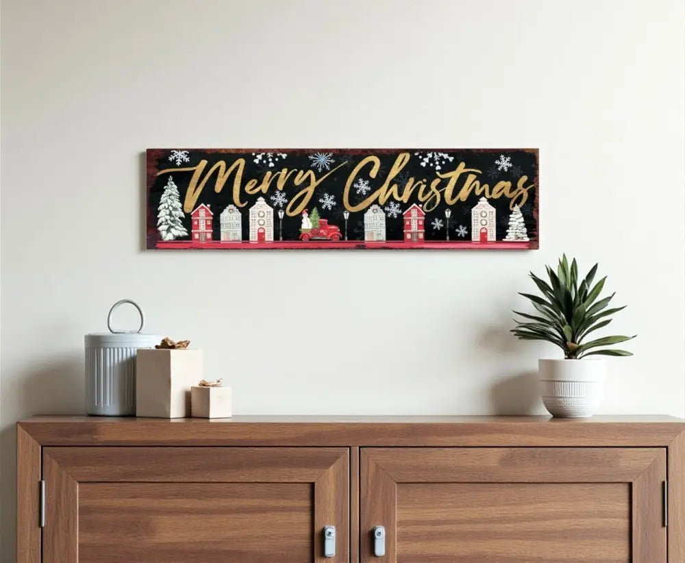36" Black Gold And Red Solid Wood Merry Christmas Decorative Sign - NOBLE HOME INTERIORS
