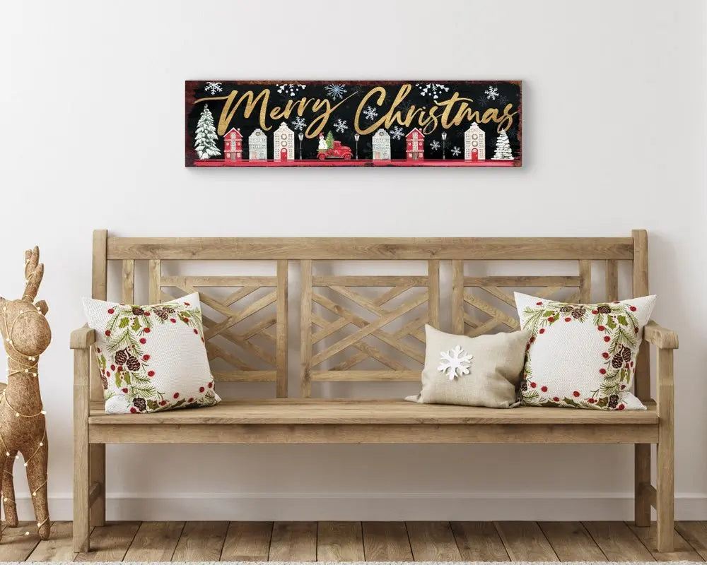 36" Black Gold And Red Solid Wood Merry Christmas Decorative Sign - NOBLE HOME INTERIORS