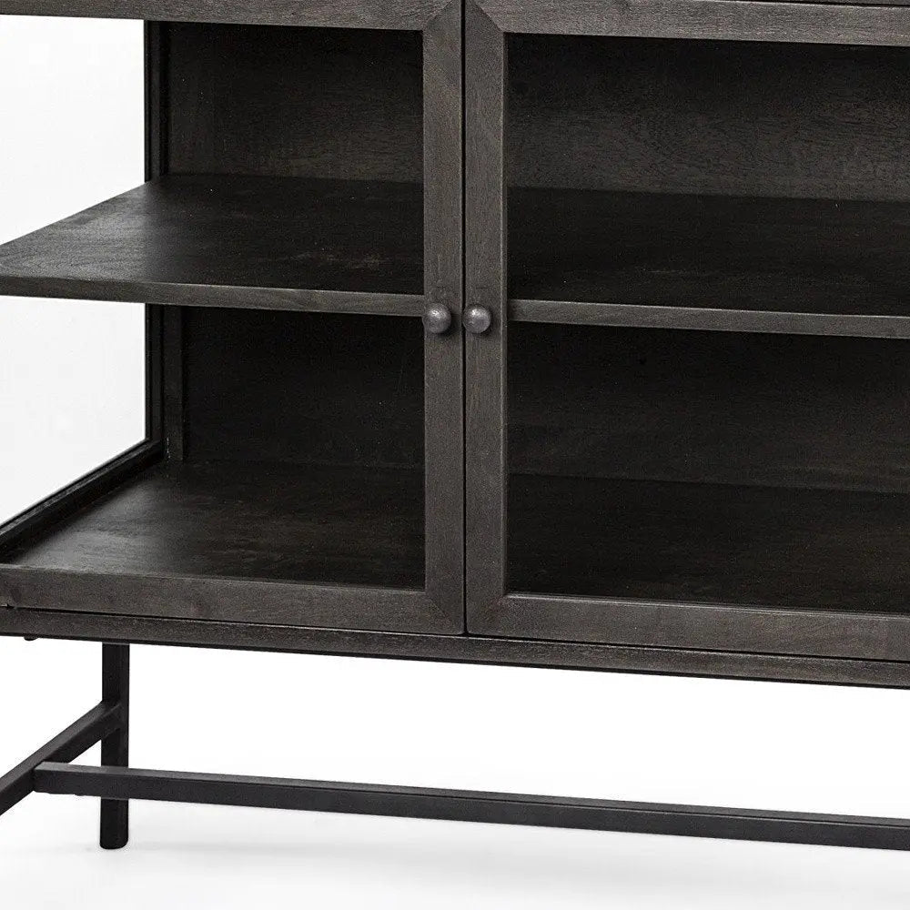 36" Brown and Black Solid Wood and Metal Display Cabinet With Two Doors HomeRoots