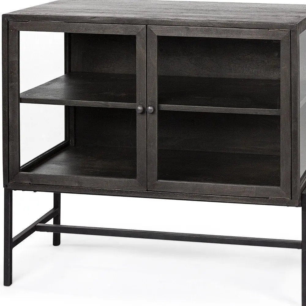 36" Brown and Black Solid Wood and Metal Display Cabinet With Two Doors HomeRoots