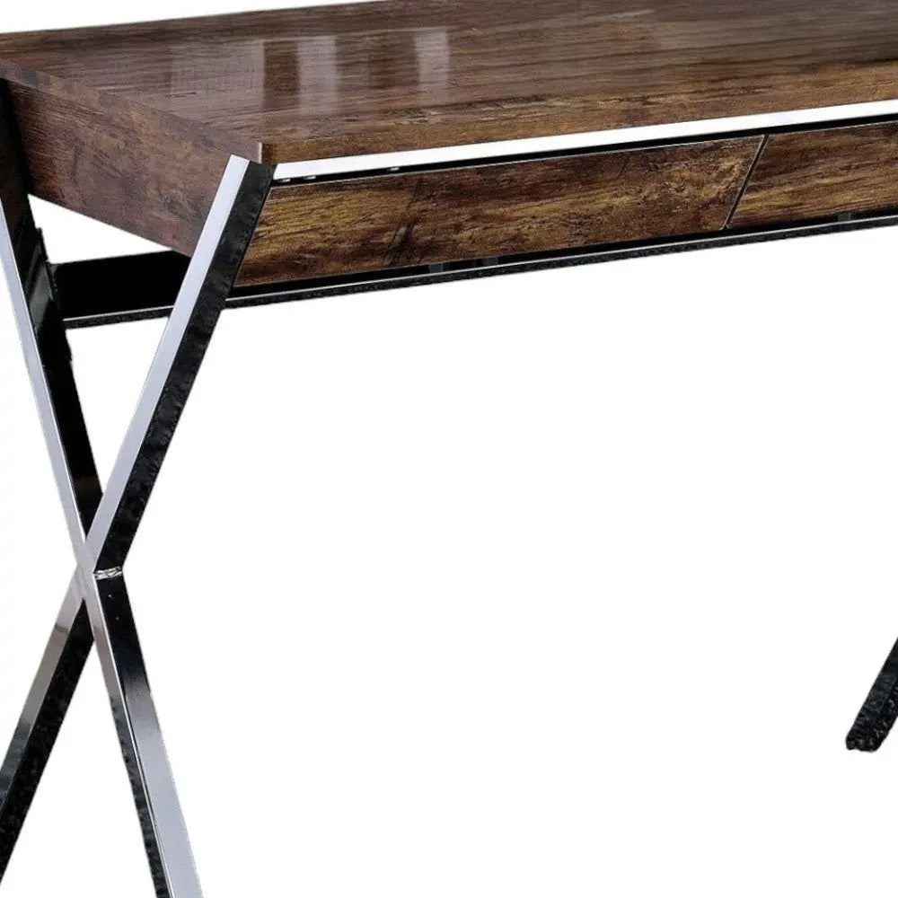 36" Brown and Silver Writing Desk With Two Drawers - NOBLE HOME INTERIORS