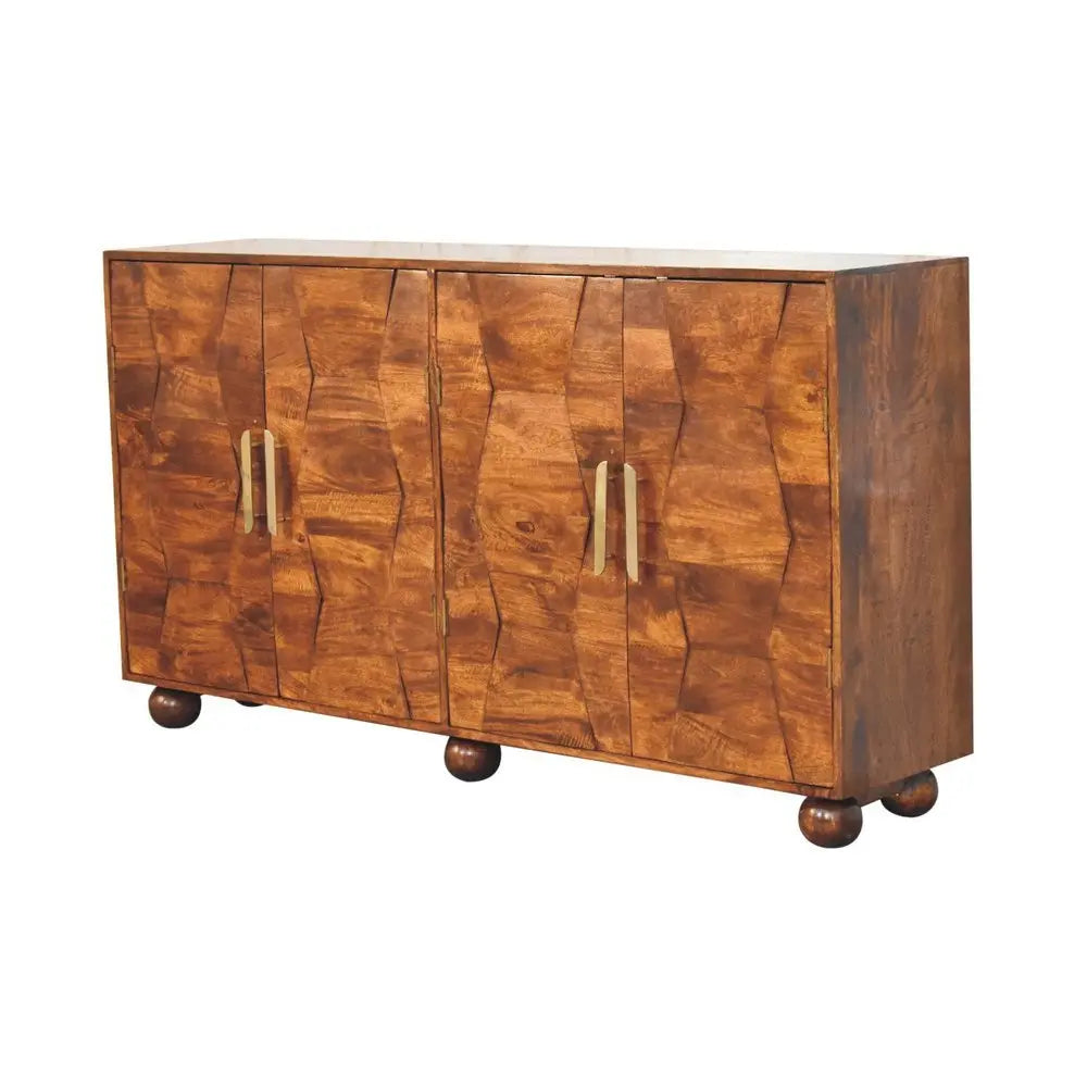36" Chestnut Solid Wood Carved Geometric Accent Cabinet With Four Doors - NOVA HOME FURNITURE