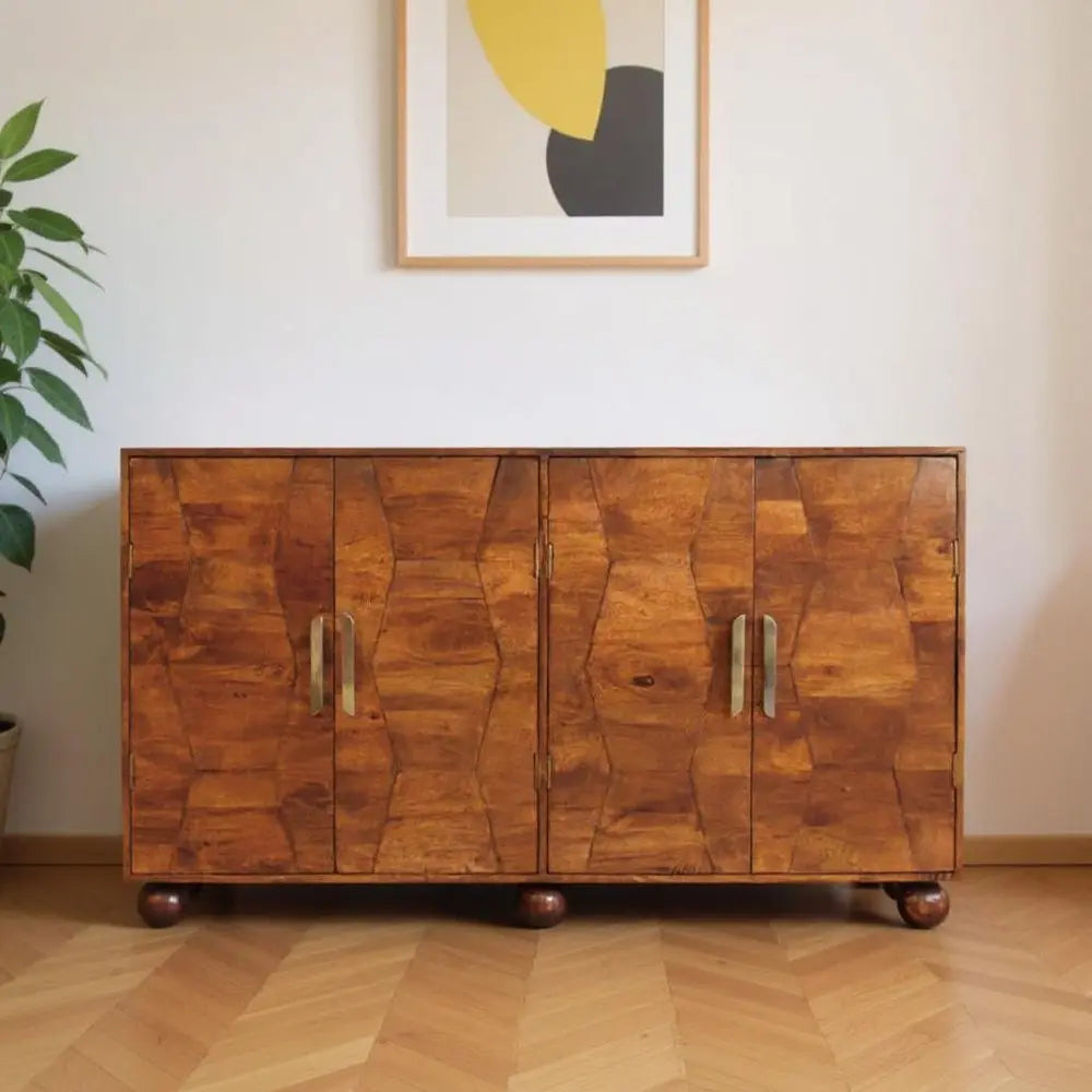 36" Chestnut Solid Wood Carved Geometric Accent Cabinet With Four Doors - NOVA HOME FURNITURE