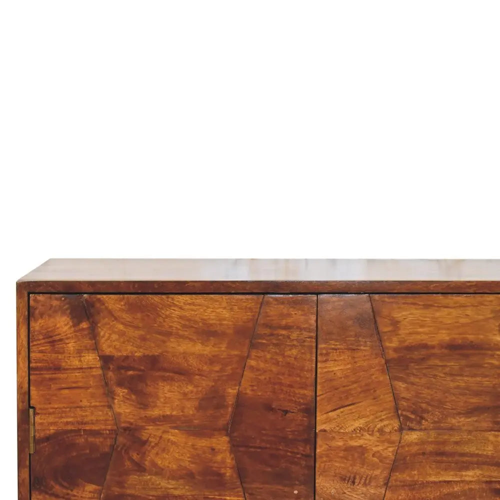 36" Chestnut Solid Wood Carved Geometric Accent Cabinet With Four Doors - NOVA HOME FURNITURE