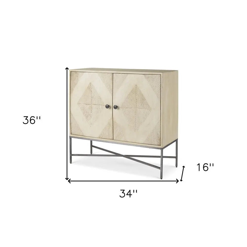 36" Cream and Gray Solid Wood and Iron Carved Geometric Accent Cabinet With Two Doors - NOVA HOME FURNITURE