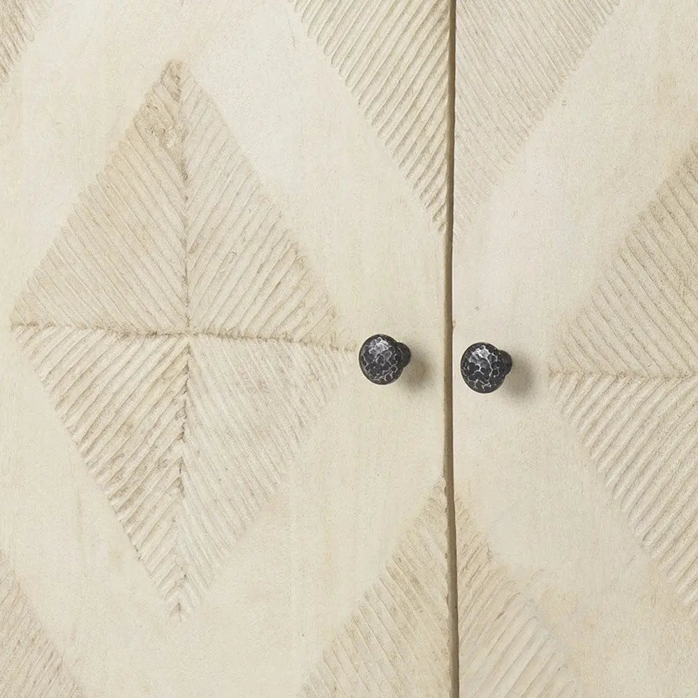 36" Cream and Gray Solid Wood and Iron Carved Geometric Accent Cabinet With Two Doors - NOVA HOME FURNITURE