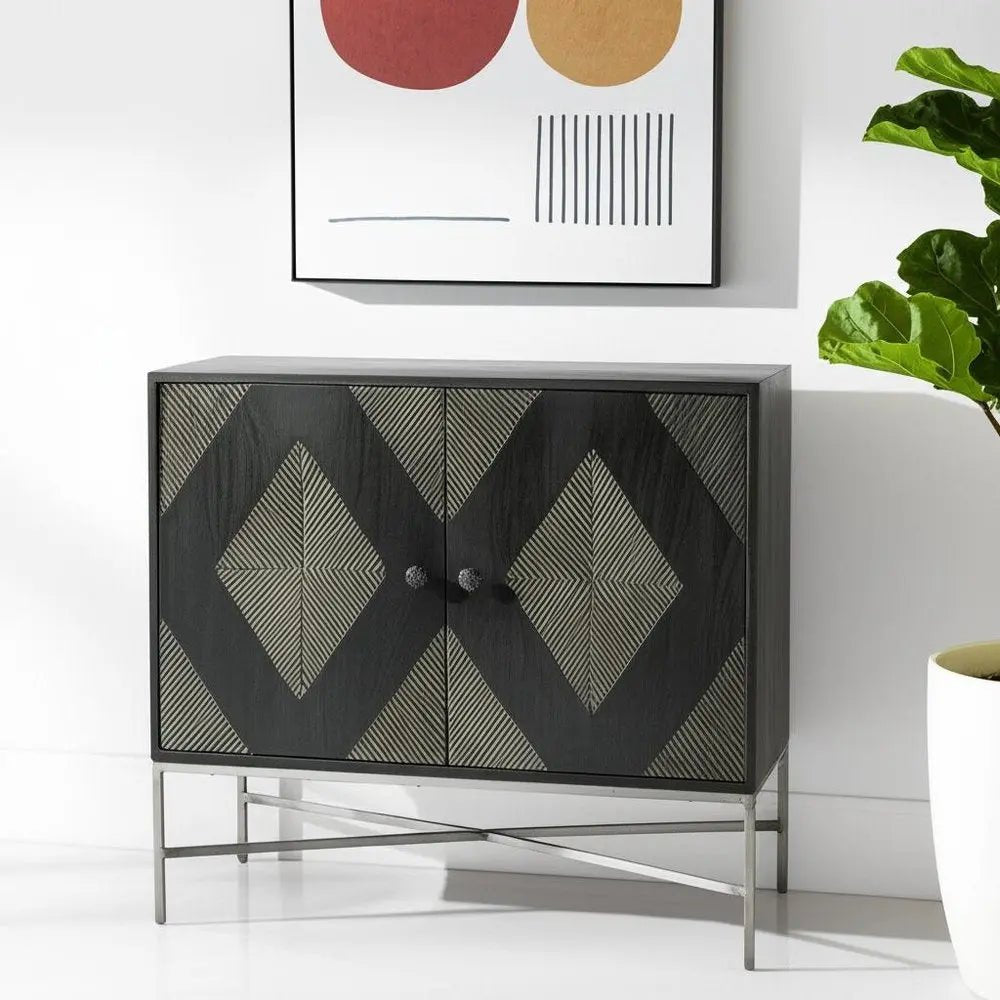 36" Dark Brown and Silver Solid Wood and Iron Carved Geometric Accent Cabinet With Two Doors HomeRoots