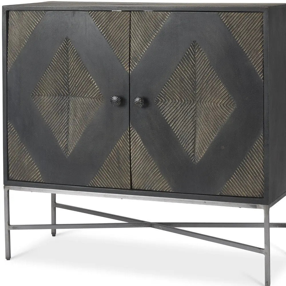 36" Dark Brown and Silver Solid Wood and Iron Carved Geometric Accent Cabinet With Two Doors HomeRoots