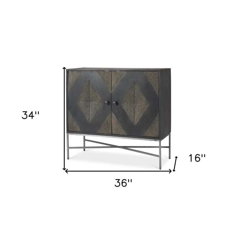 36" Dark Brown and Silver Solid Wood and Iron Carved Geometric Accent Cabinet With Two Doors HomeRoots