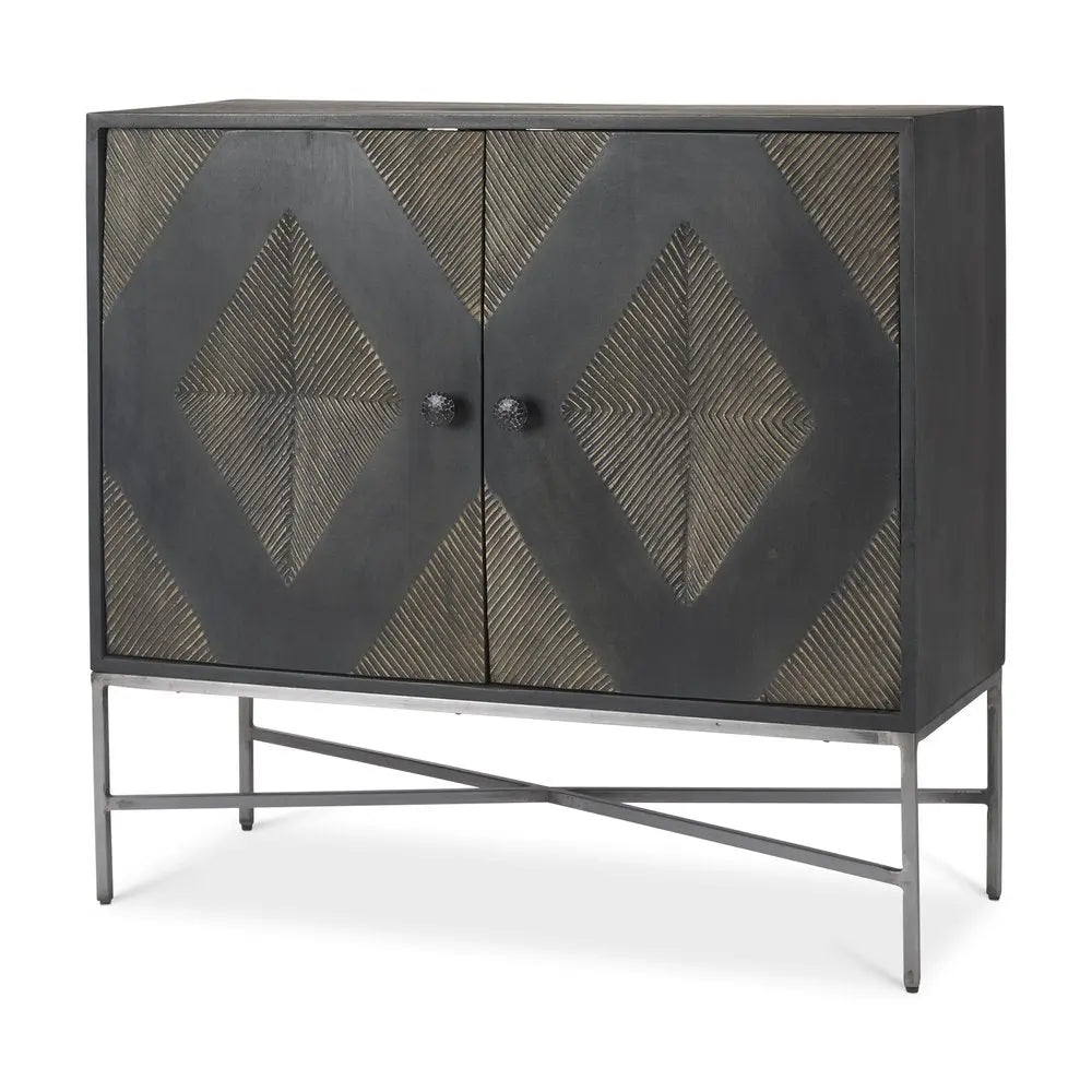 36" Dark Brown and Silver Solid Wood and Iron Carved Geometric Accent Cabinet With Two Doors HomeRoots