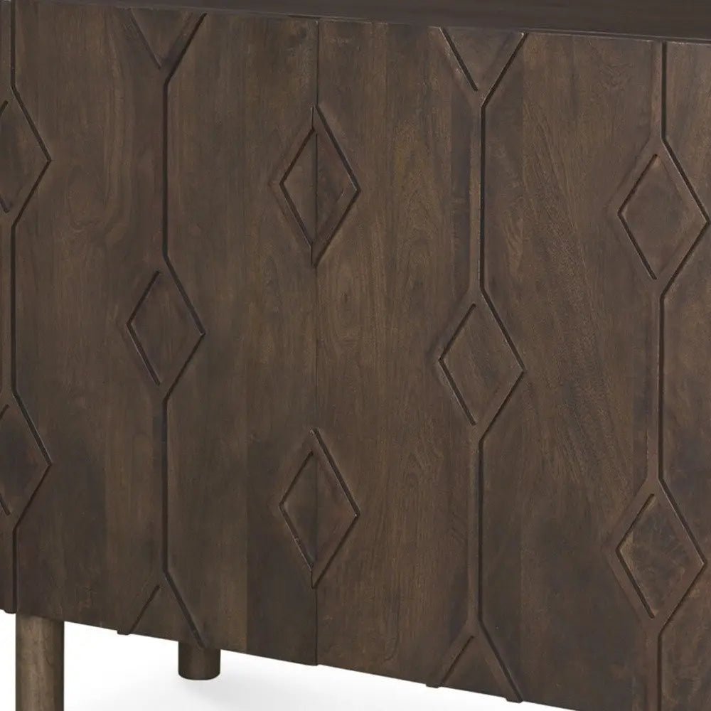 36" Dark Brown Solid Wood Carved Geometric Accent Cabinet With Two Doors HomeRoots