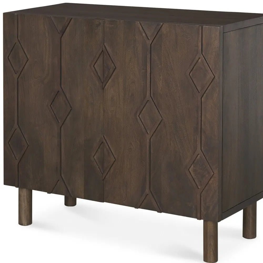 36" Dark Brown Solid Wood Carved Geometric Accent Cabinet With Two Doors HomeRoots