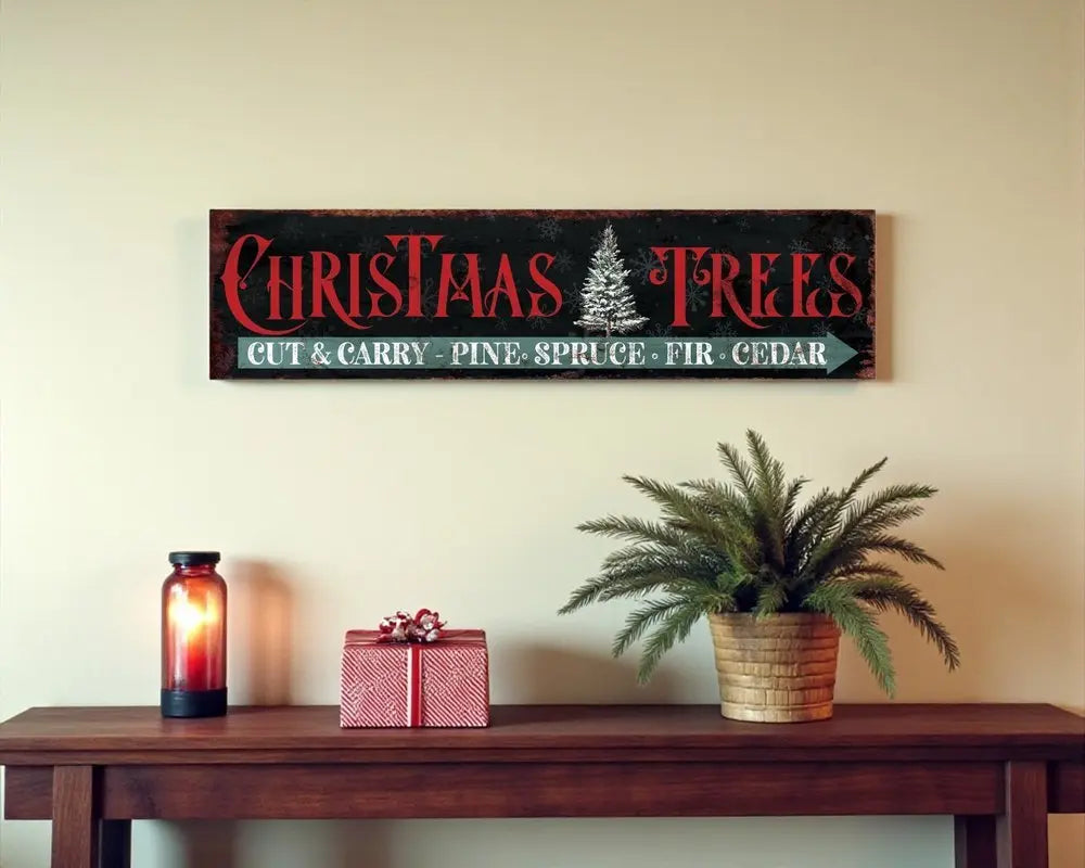36" X 11" Black Red And White Christmas Trees Wood Wall Decor - NOBLE HOME INTERIORS