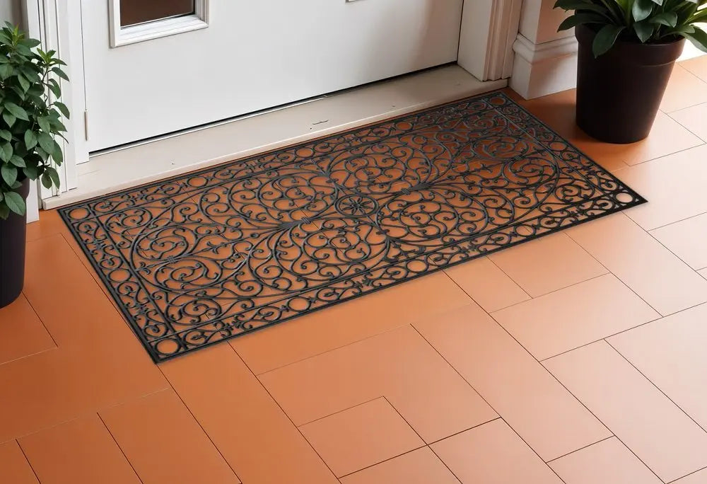 36" X 72" Black Scrollwork Outdoor Rubber Door Mat - NOBLE HOME INTERIORS