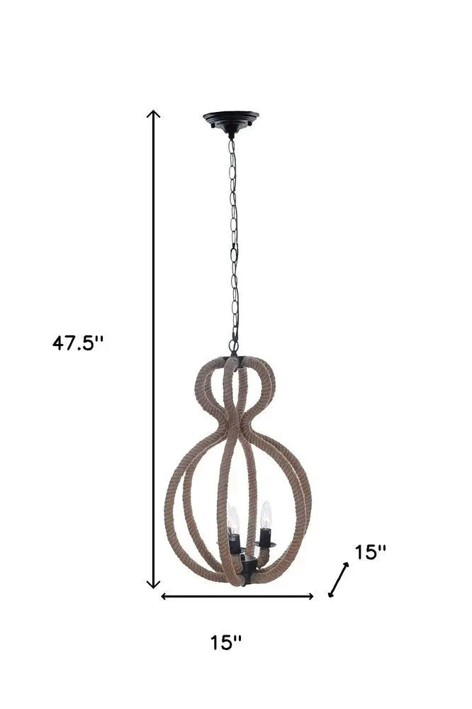Natural and Black Iron and Rope Three Light Ceiling Light HomeRoots