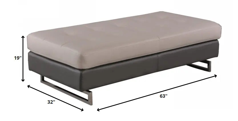 63" Taupe Brown and Silver Faux Leather Tufted Ottoman HomeRoots