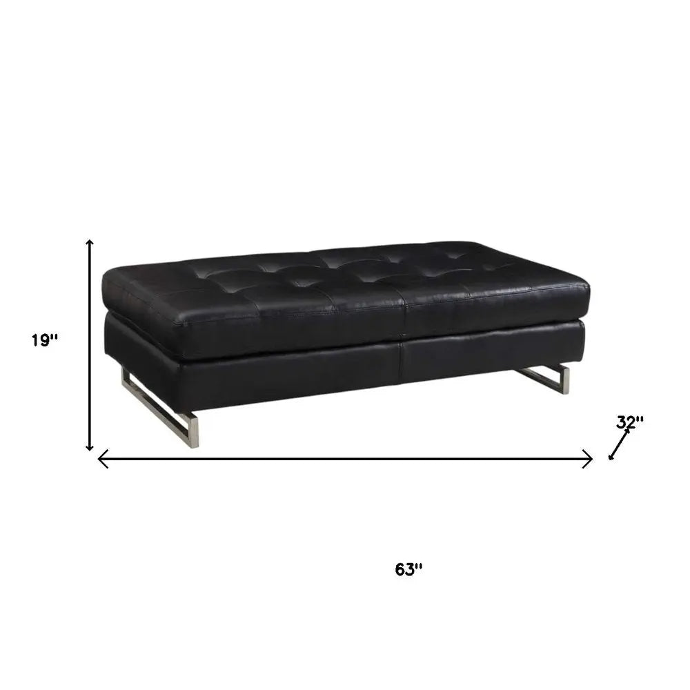 63" Black Tufted Faux Leather and Silver Ottoman - NOVA HOME FURNITURE