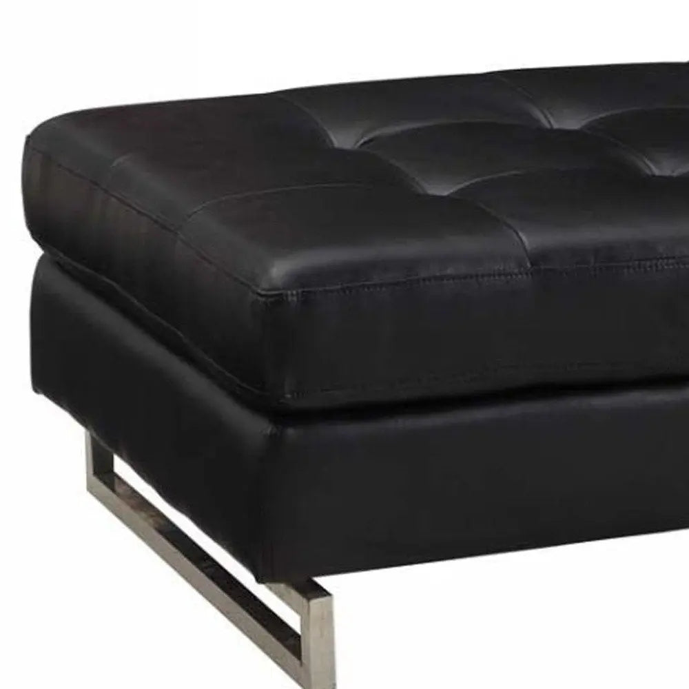 63" Black Tufted Faux Leather and Silver Ottoman - NOVA HOME FURNITURE