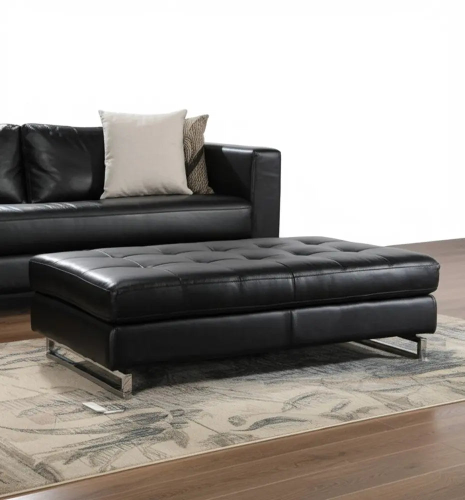 63" Black Tufted Faux Leather and Silver Ottoman - NOVA HOME FURNITURE