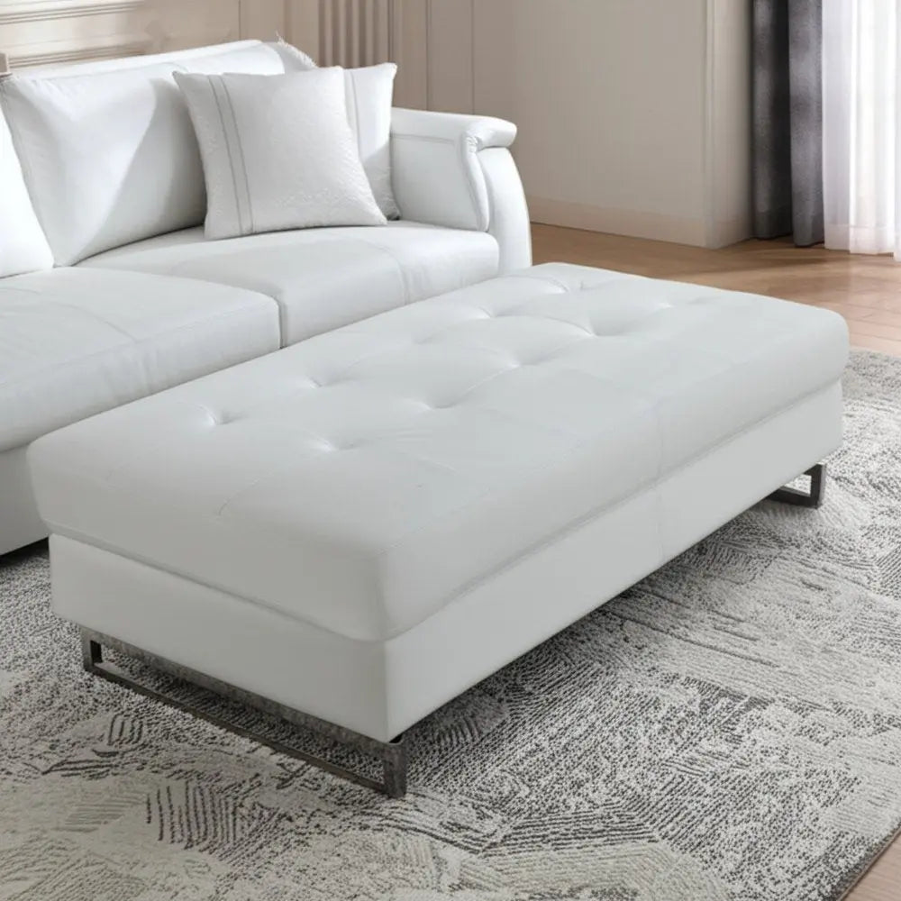 63" White and Silver Faux Leather Ottoman HomeRoots