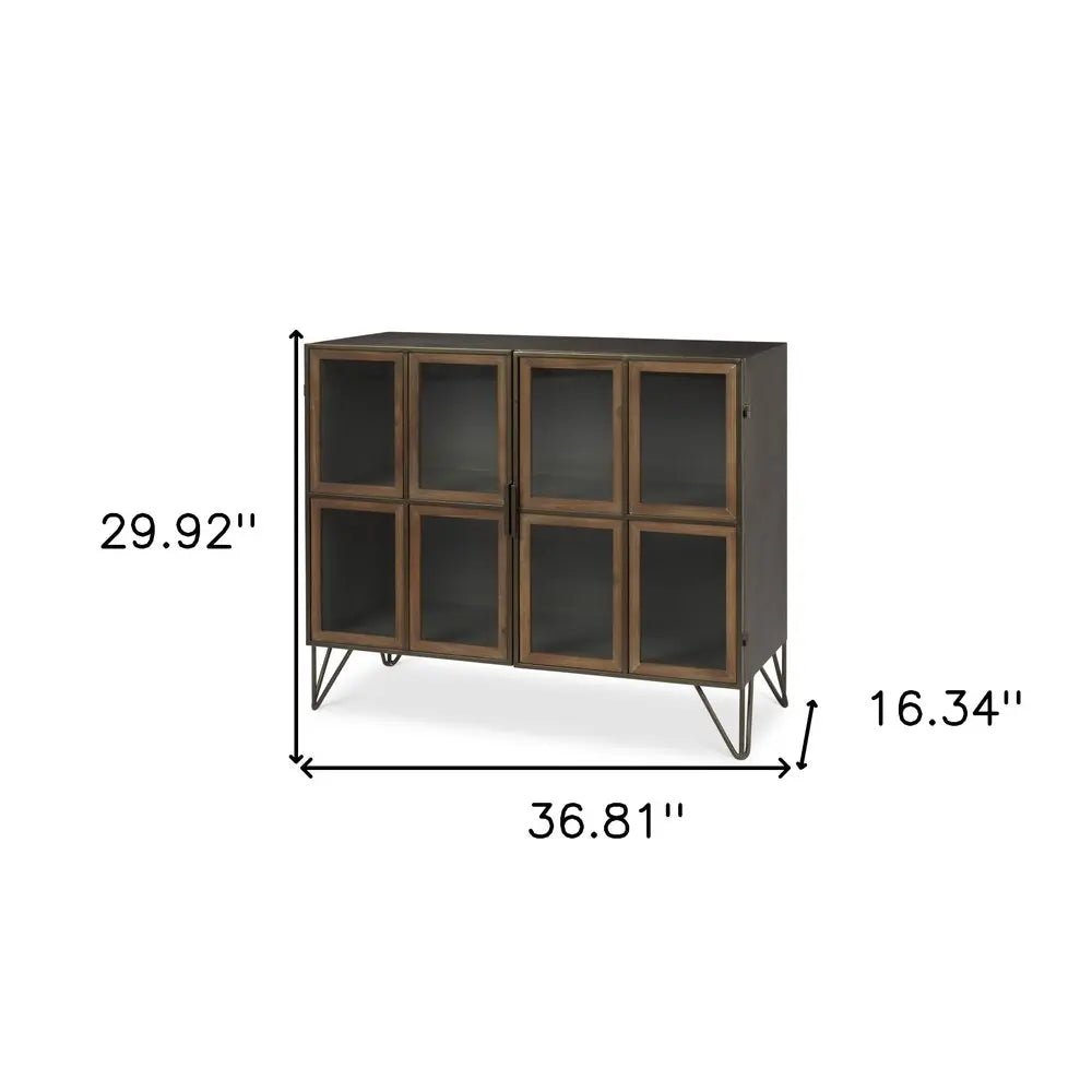 37" Antiqued Brass and Brown Metal and Solid Wood Accent Cabinet With Two Doors HomeRoots