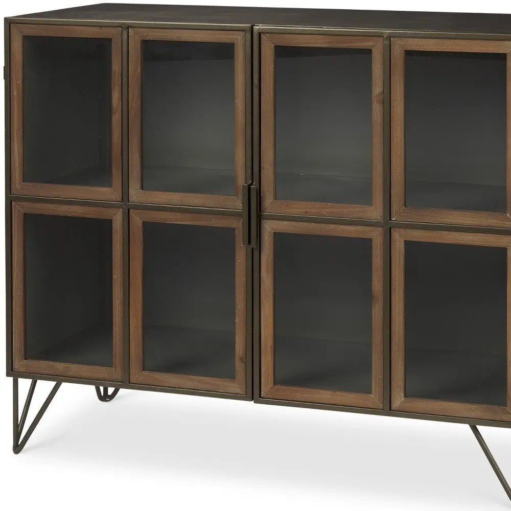 37" Antiqued Brass and Brown Metal and Solid Wood Accent Cabinet With Two Doors HomeRoots