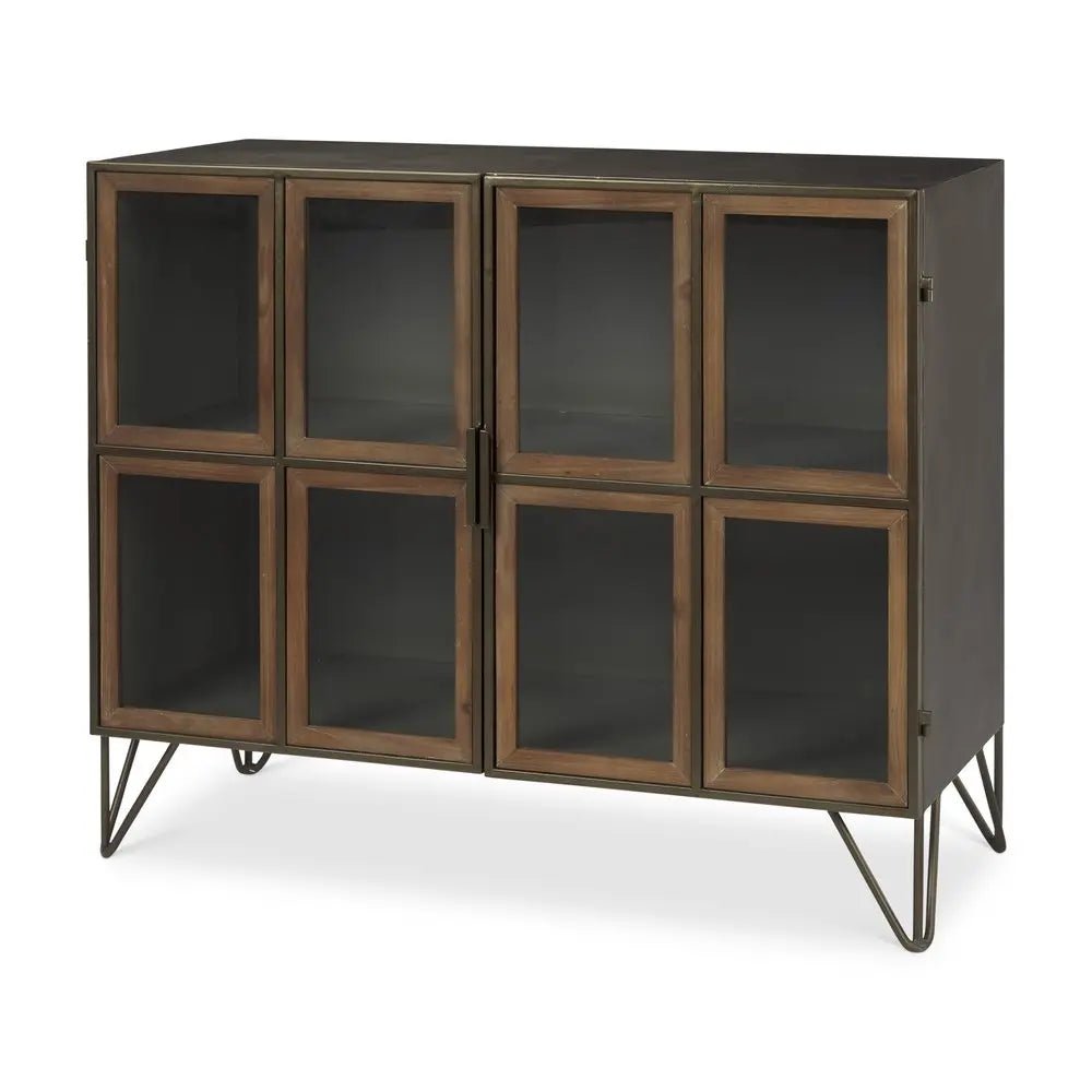 37" Antiqued Brass and Brown Metal and Solid Wood Accent Cabinet With Two Doors HomeRoots