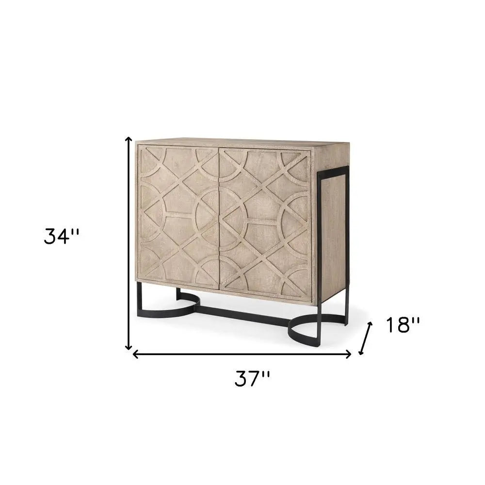 37" Brown and Black Solid Wood and Metal Carved Geometric Accent Cabinet With Two Doors - NOVA HOME FURNITURE