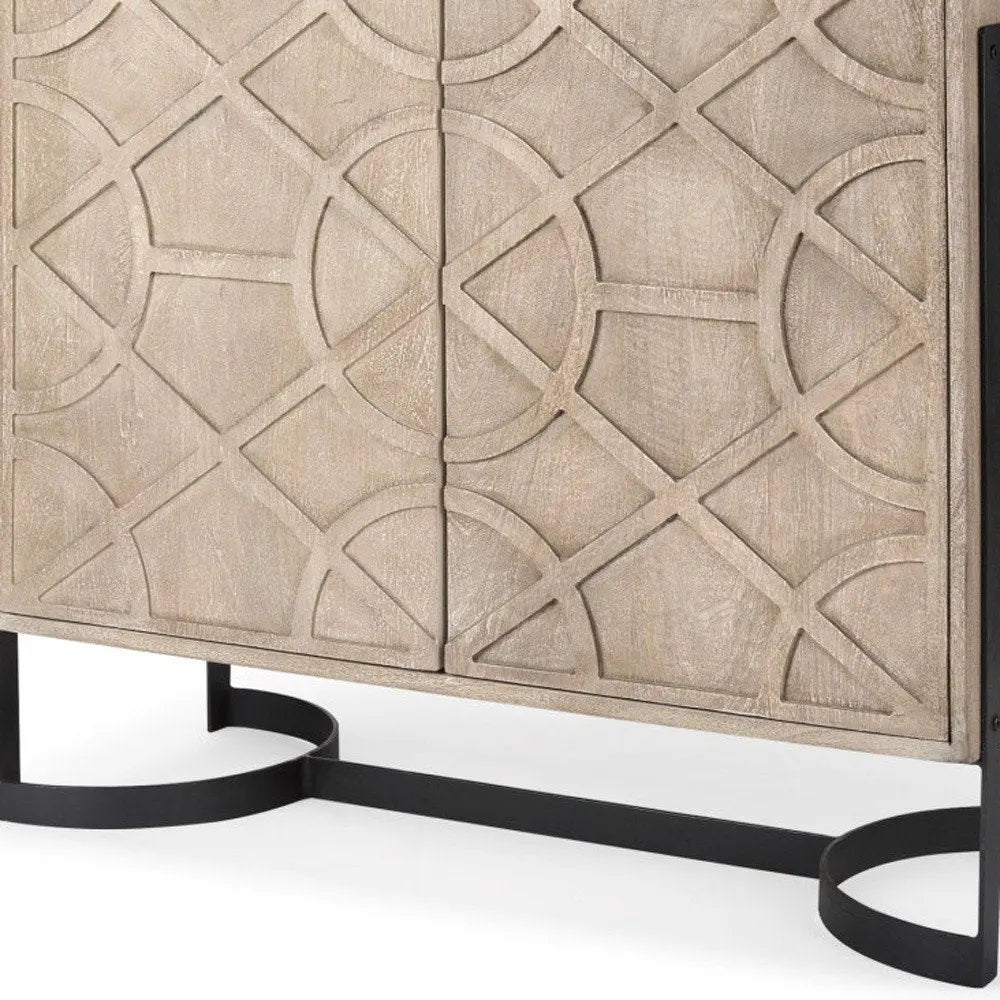 37" Brown and Black Solid Wood and Metal Carved Geometric Accent Cabinet With Two Doors - NOVA HOME FURNITURE