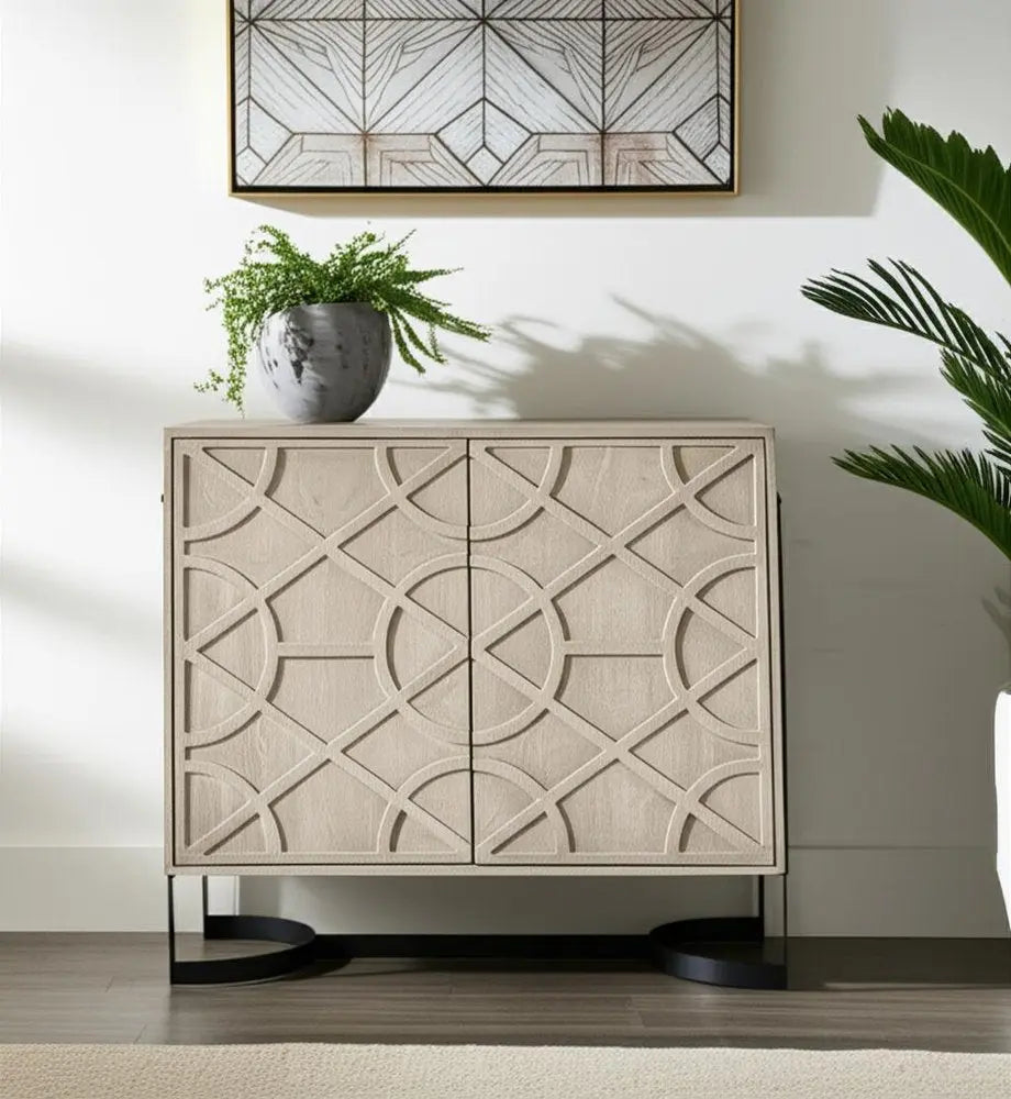 37" Brown and Black Solid Wood and Metal Carved Geometric Accent Cabinet With Two Doors - NOVA HOME FURNITURE