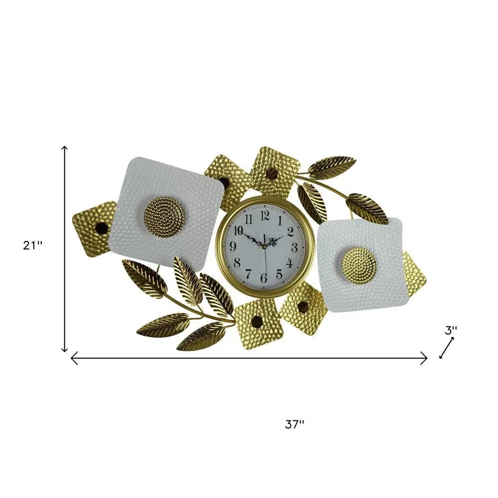 37" Gold And White Metal Silent Analog Floral Oval Wall Clock HomeRoots