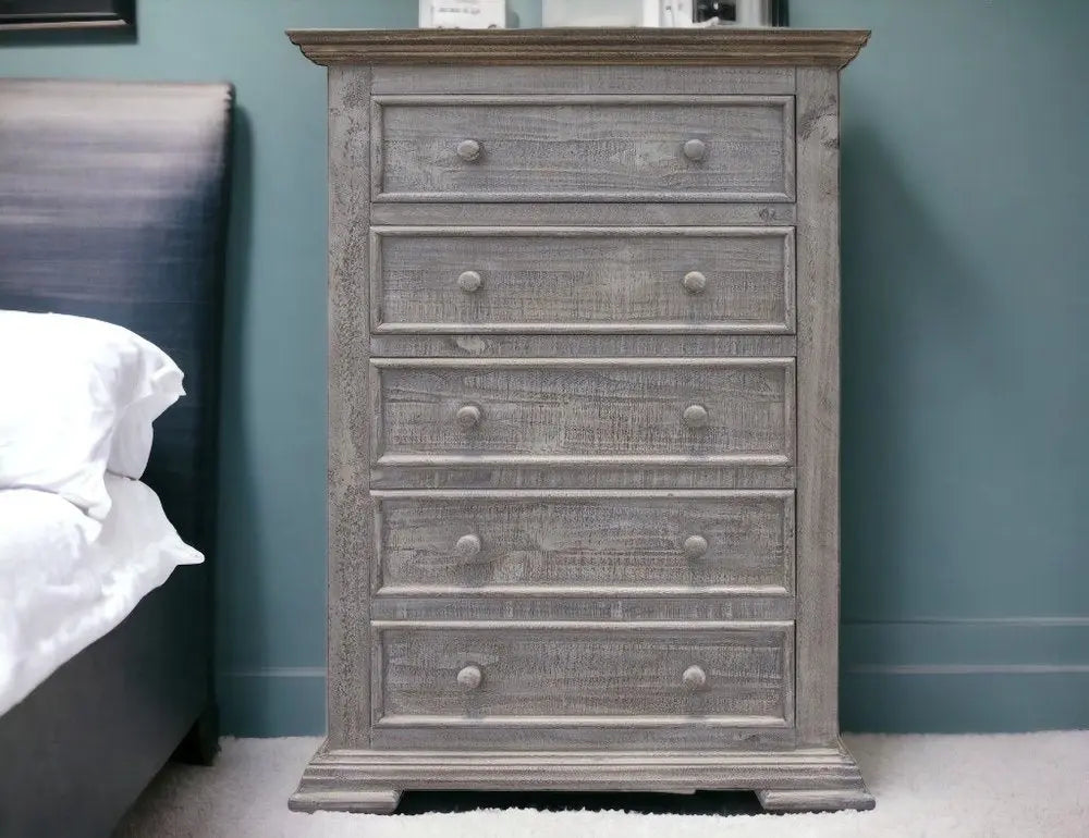 37" Gray Solid Wood Five Drawer Chest - NOBLE HOME INTERIORS